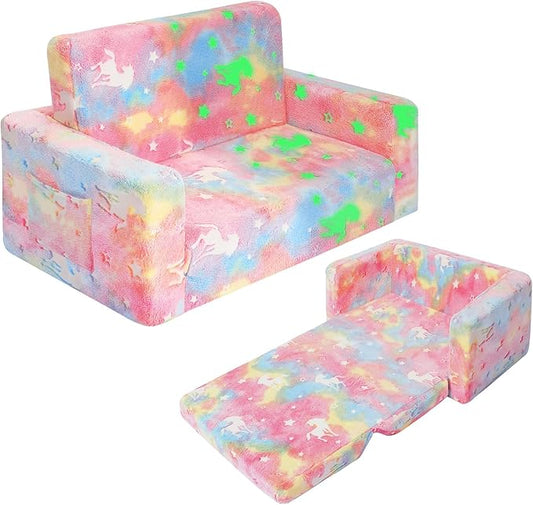 SLIGUY Kids Couch, Fold Out Kids Sofa Chair, Toddler Convertible Sofa to Lounger Pull Out Couch, Glow in The Dark Sofa Chair for Boys and Girls (Pink Large)