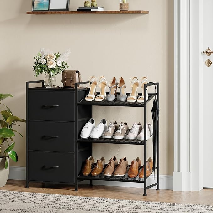 Somdot Shoe Rack, 3 Tier Shoe Organizer with 3 Drawers, Metal Shoe Storage Shelf for 6-9 Pairs of Shoes, Narrow Shoe Rack for entryway, Black