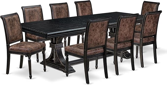 NKCY9-SBB-33 9-Piece Kitchen Table Set Includes a Dining Table and 8 Brown Textured Polyester Fabric Dinner Chairs with High Back, 44x100 Inch, Sand Blasting Black