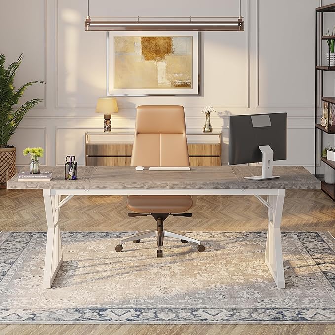 Tribesigns 70.8-Inch Executive Desk, Large Computer Office Desk Workstation, Modern Simple Style Laptop Desk Study Writing Table Business Furniture for Home Office (Grey/White, 70.8 Inch)