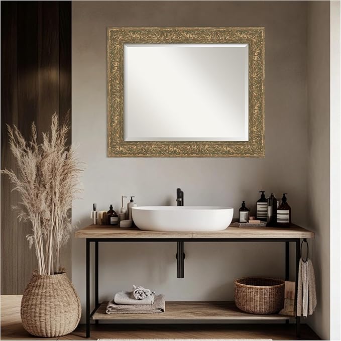 Amanti Art Bronze Bathroom Mirror for Over Sink, 29x35 Luxe Bronze Gold Rectangle Vanity Mirror, Large Traditional Frame, Hangs Horizonally and Vertically, Bathroom Wall Decor, Beveled Edge