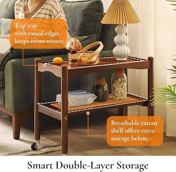 Rattan Side Table with Wheels, Small End Table with Storage, Narrow Wooden Bed Side Table for Living Room, Modern Slim Sofa Nightstand, 23.43" W*12.99" D*19.69" H, (Walnut)