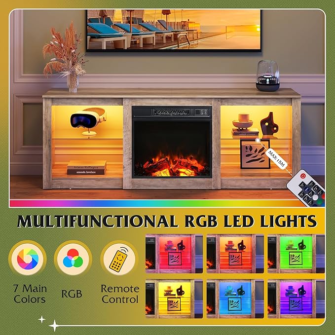 WLIVE 58 Inches Fireplace TV Stand with LED Lights, Modern Entertainment Center with 18'' Electric Fireplace & Adjustable Glass Shelves, Sturdy Media Console for Living Room, Bedroom (Grey Oak)
