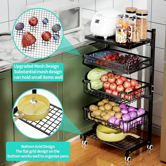 HapiRm Fruit Basket Kitchen Cart - 5 Tier Adjustable Vegetable Storage Rack, Large Capacity Rolling Kitchen Carts on Wheels for Snack Onion and Potato Storage