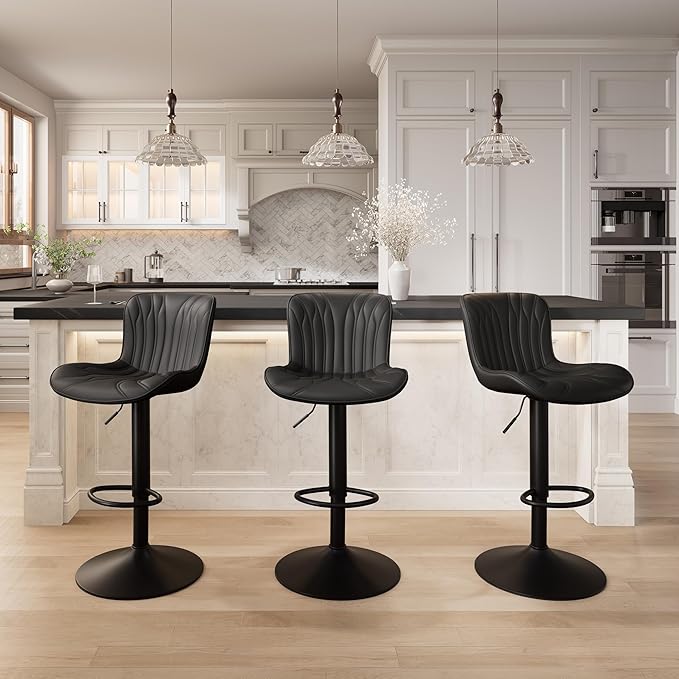 YOUNIKE Black Bar Stools Set of 2 Upholstered Modern Swivel Counter Height Bar Chair with Back Adjustable Kitchen Island Tall Faux Leather Padded Barstools Metal Breakfast