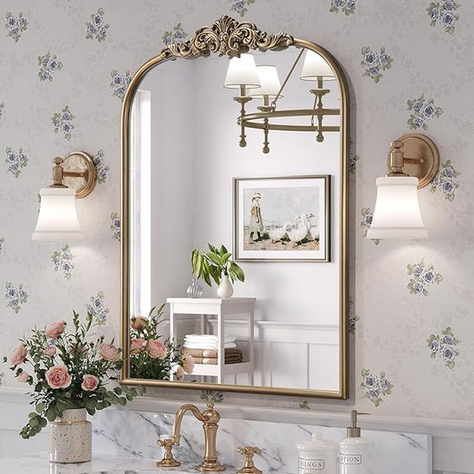 Antique Baroque Gold Mirror, 24” x 32” Vintage Vanity Mirror for Fireplace Mantel, Arch Bathroom Mirror for Wall with Ornate Metal Frame for Entryway Bedroom Living Room