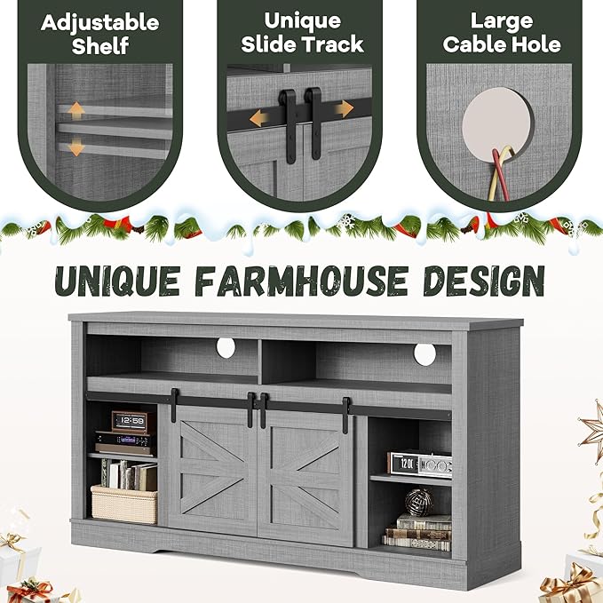 YESHOMY Fireplace TV Stand for Television up to 65+ Inch with Storage and Farmhouse Sliding Barn Doors, Entertainment Center with Cabinet and Shelves, Media Console for Living Room, Gray
