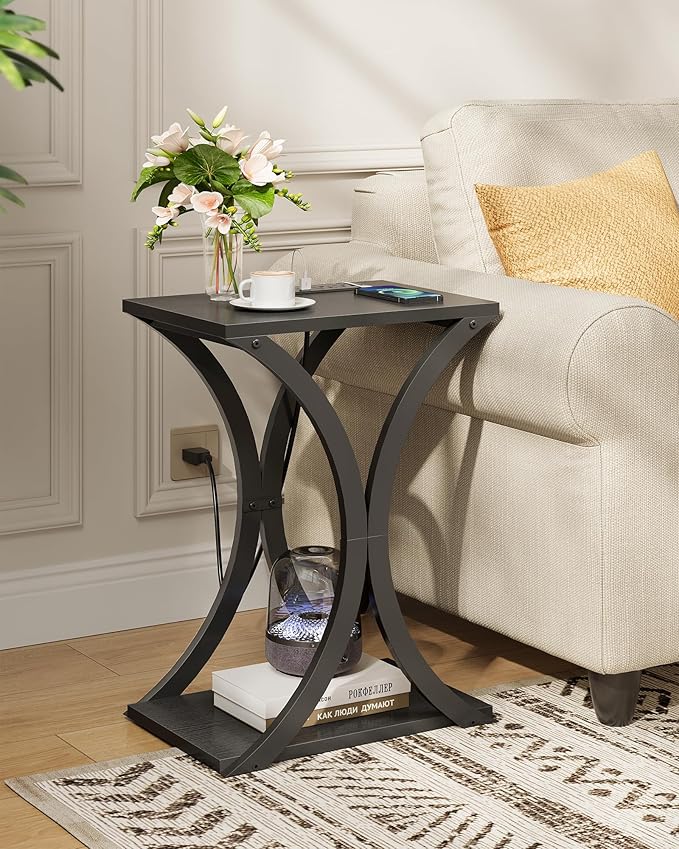 End Table with Charging Station, 2-Tier Modern Side Table Set of 2, Nightstand with Storage Shelf, for Small Spaces, for Bedroom, Living Room, Home Office, Black TBZ20UP2BB