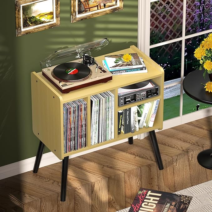 Record Player Table, Mid-Century Record Player Stand with Vinyl Storage Hold Up to 150+ Albums, Vinyl Record Cabinet with Adjustable Shelves, Wood Turntable Stand for Music Living Room (Walnut)