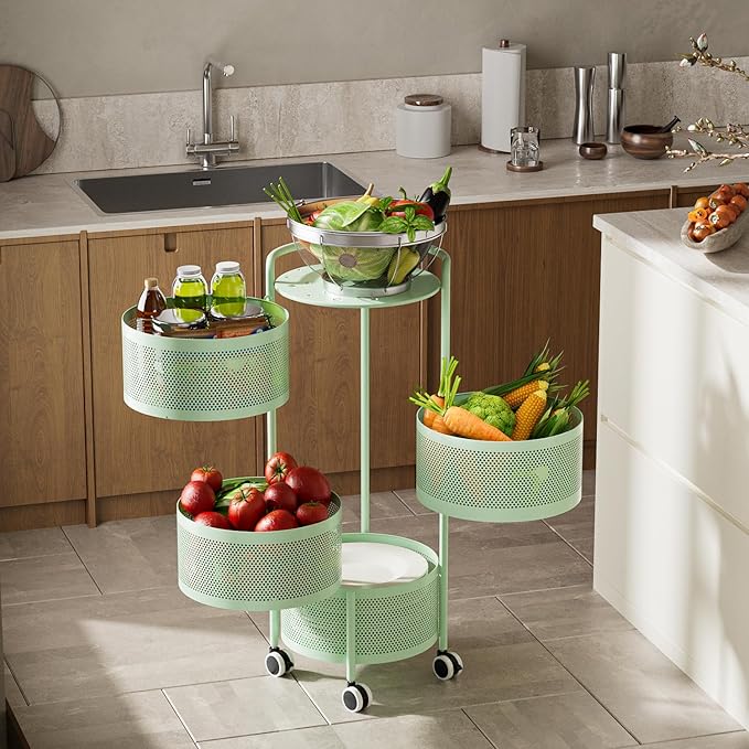 JAQ Kitchen Storage Rack No Assembly, 4-Tier Metal Storage Tower Basket Shelves Organizer on Rolling Wheels with Removal Drawers for Fruit Vegetable Grocery Corns Potato Onion (4-Tier, Green)