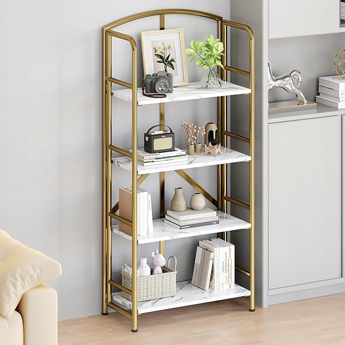 No-Assembly Folding Gold Bookshelf Storage Shelves Multifunctional Plant Flower Stand Storage Rack Shelves Bookcase for Home Office