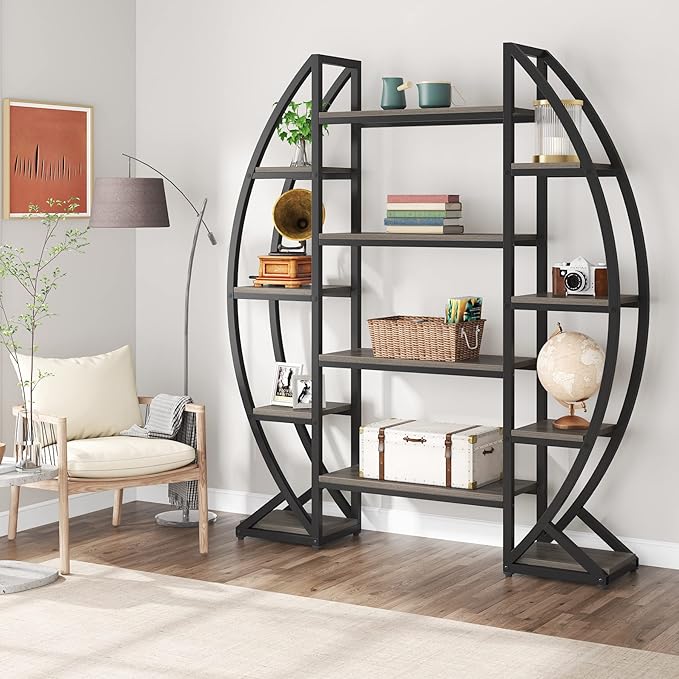Tribesigns Oval Bookshelf, Triple Wide 5 Tier Etagere Bookcases, Industrial Display Shelves for Living Room (Gray, 55")