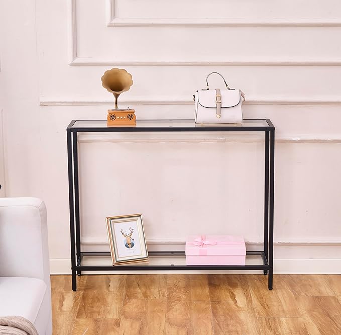 MAJARO Small Modern Console Table for Entryway, Tempered Glass with Metal Frame Sofa Table for Living Room, Hallway, Office (Double-Layer, Black)
