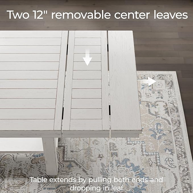 Signature Design by Ashley Robbinsdale Farmhouse Distressed Counter Height Dining Extension Table with Trestle Base, Planked Effect and 2 Removable End Leaves, White