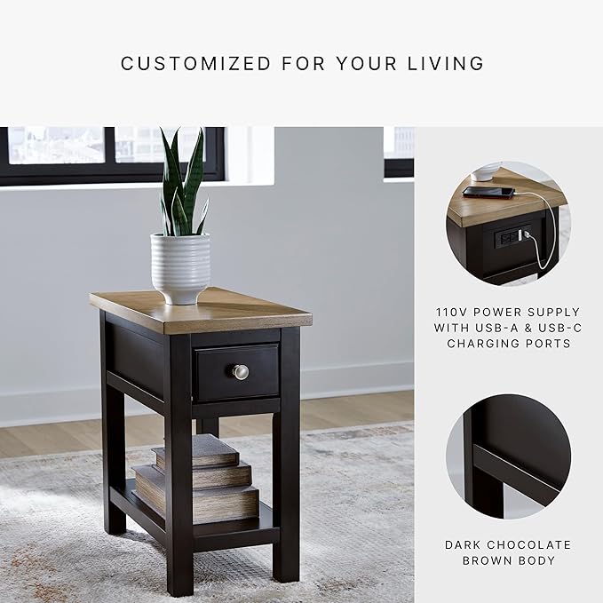 Signature Design by Ashley Drazmine Casual 1 Drawer Chair Side End Table with USB Charging Ports, 1 Lower Shelf and Power Cord, Light Brown & Black