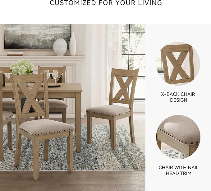 Signature Design by Ashley Sanbriar Casual Dining Table and Upholstered Chairs with Nailhead Trim, Set of 7, Light Brown & Beige