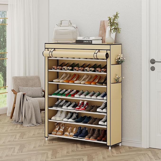 Calmootey 7 Tier Shoe Rack Organizer to Hold 35 Pairs, Portable Shoe Shelf with Nonwoven Fabric Cover for Closet Hallway, Bedroom, Entryway, Beige