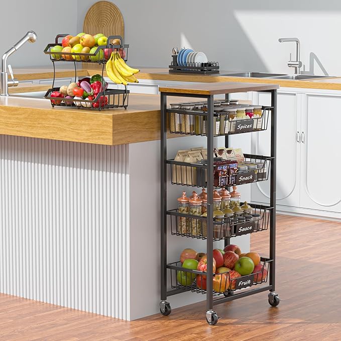 Kitchen Storage Cart with Wheels, 5-Tier Metal Utility Rolling Cart Fruit Vegetable Storage Basket Pantry Rack with Wood Top & Pull Out Baskets for Kitchen, Livingroom, Diningroom, Office