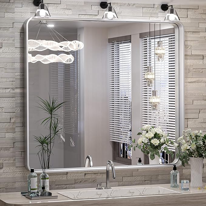 TokeShimi 36 x 36 Inch Wall Mirror Brushed Silver Bathroom Vanity Mirror with Metal Frame Aluminum Alloy Soft Rounded Corner for Modern Farmhouse Wall Decor 1”Deep (Horizontal/Vertical)
