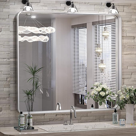 TokeShimi 36 x 36 Inch Wall Mirror Brushed Silver Bathroom Vanity Mirror with Metal Frame Aluminum Alloy Soft Rounded Corner for Modern Farmhouse Wall Decor 1”Deep (Horizontal/Vertical)