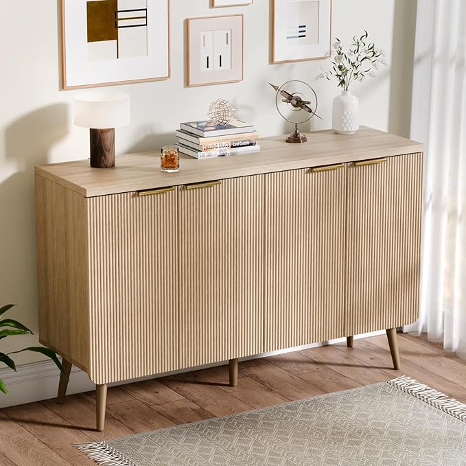 47.2" Buffet Cabinet with 4 Doors, Accent Sideboard Cabinet with Adjustable Shelf, Dining Room Sideboard with Waveform Panel, Credenzas for Living Room, Hallway, Natual Oak