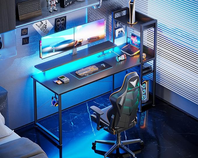 ODK Reversible 55 Inch Gaming Desk with USB Charging Port and LED Lights, Computer Desk with Storage Shelves and Monitor Stand, Study Table for Home Office, Morden Desk for Bedroom, Carbon Fiber Black