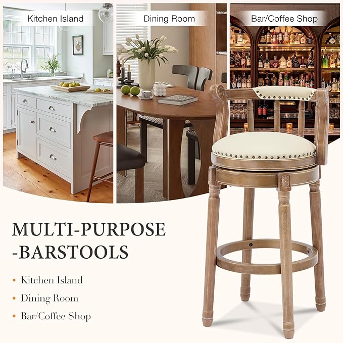CozyRain Bar Stools Modern Swivel Barstools,Kitchen Counter Genuine Leather Upholstered Vintage Barstool for Home Kitchen Dining Room (Beige, Seat Height 29.5 in)