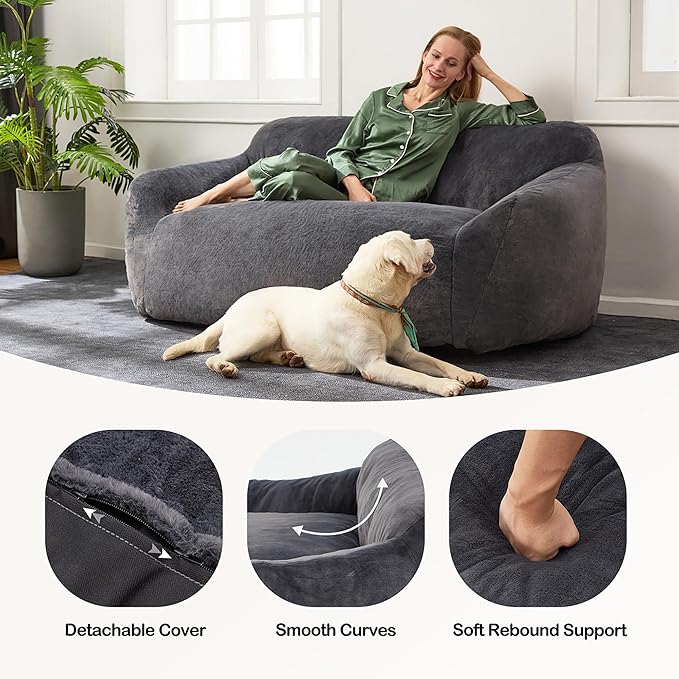 Homguava Oversized Bean Bag Chair for Adults, Giant Bean Bag Sofa,Bean Bag Couch with Soft Faux Fur Cover & Wide Armrests Big BeanBag Lazy Sofa for Bedroom,Living Room,Apartment (Grey)