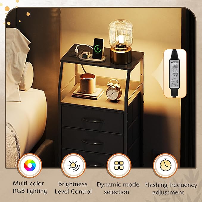 WLIVE Night Stand with Charger Station, LED Nightstand with 4 Fabric Drawers and Storage Shelf, Tall Dresser for Bedroom, 37.48" H Bedside Table with 3 USB Ports and Outlets, Black