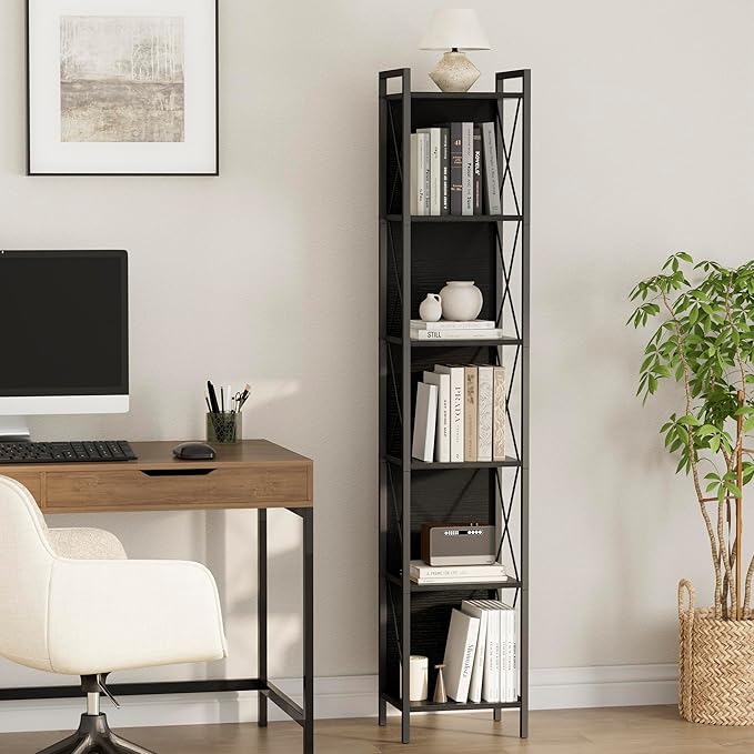 Homhedy 6 Tier Bookshelf Bookcase, Tall Narrow Bookshelf for Small Space, Metal Storage Shelves with Back Panel, for Home Office, Living Room, Kitchen, Bedroom, Industrial Style, Black