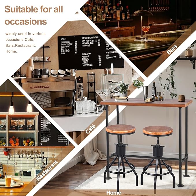 Industrial Rectangle Bar Table with Set of 2 Bar Stools Vintage 3 Pieces Pub Table Set for Home Office Farmhouse Dinner Table with Chairs