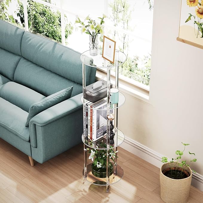 Clear Round Acrylic Side Table for Small Spaces, 11.81" L x 11.81" W x 38.7" H, 4 Tier Small Modern Drink End Table Nightstand, Minimalist Bedside Table for Living Room, Bedroom, Bathroom
