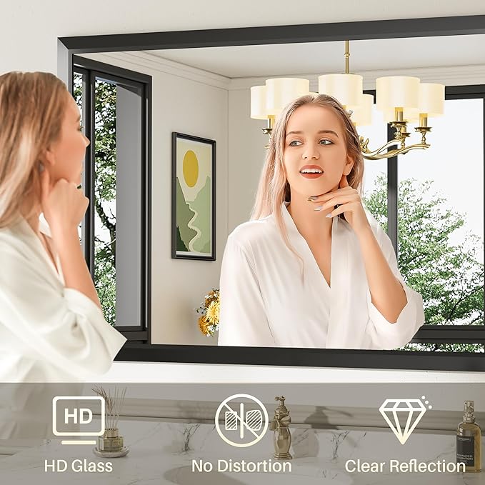 28x36 Inch Black Bathroom Mirror for Wall, Thick Metal Framed Rectangle Mirrors for Over Sink, Bedroom, Living Room, Entryway, Anti-Rust, HD Tempered Glass