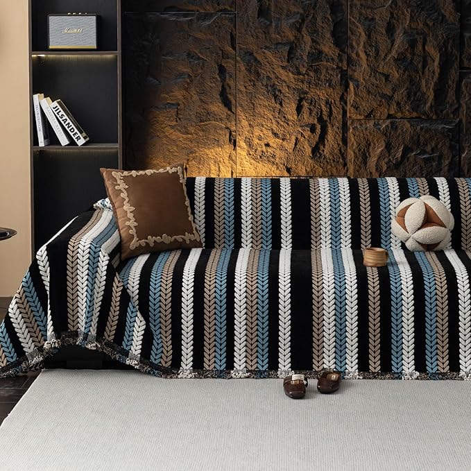 STACYPIK Boho Chenille Sofa Cover, Soft Jacquard Leaves Couch Cover, Non-Slip Loveseat Cover for Sectional Sofa, Washable Pet Protector for 3 Cushion Couch,Multi-use Vintage Throw Slipcover-71x134IN