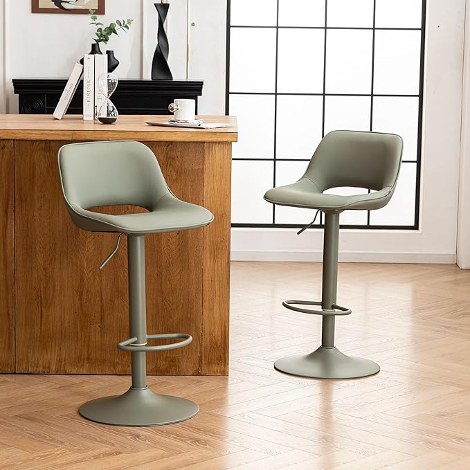 YOUNIKE Bar Stools Set of 2 Modern Swivel Barstools, Adjustable Counter Height Bar Stools Faux Leather Upholstered Counter Stools with Hollow Back for Kitchen Island, All Olive Green
