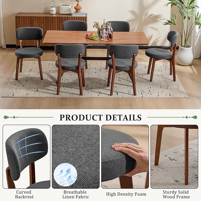 Furniliving Wooden Dining Chairs Set of 2, Mid-Century Modern Linen Upholstered Kitchen Chair with Solid Oak Wood, Farmhouse Dining Room Chairs, Grey
