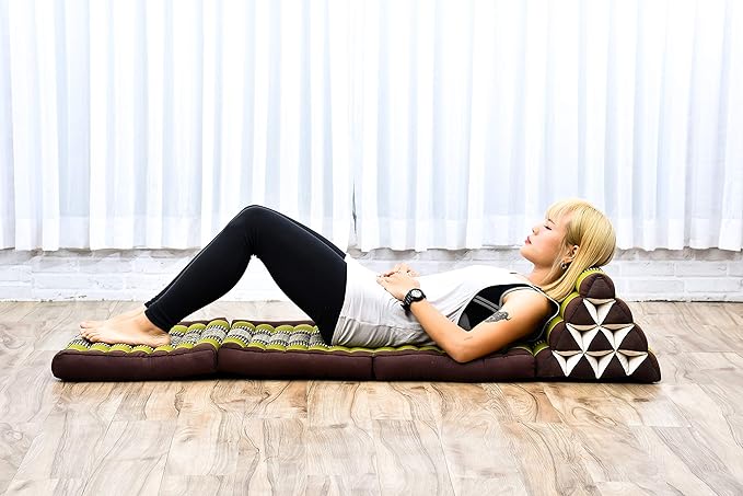 Leewadee - Comfortable Japanese Floor Mattress Used As Thai Floor Bed with Triangle Cushion, Futon Mattress Or Thai Massage Mat, 67 x 21 inches, Brown Green