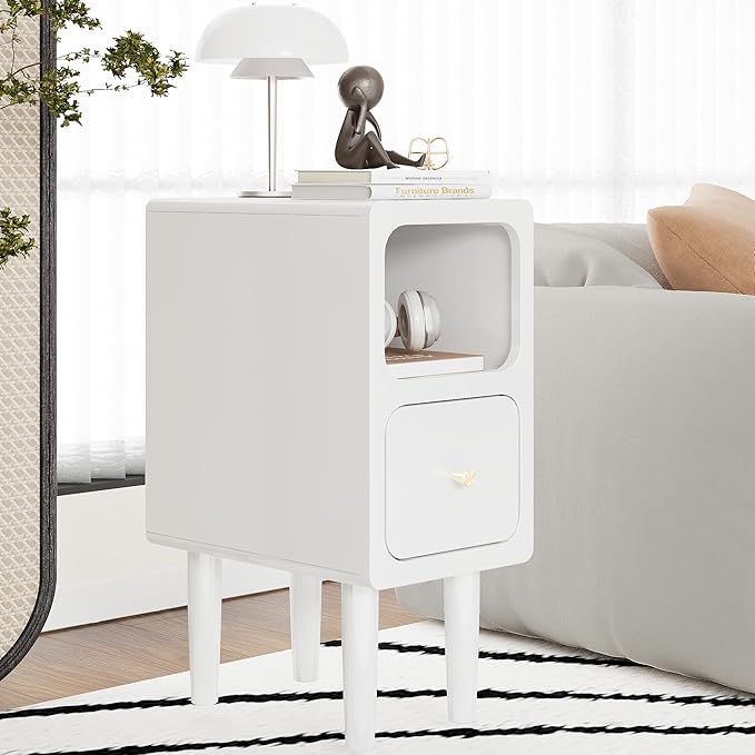 Narrow Nightstand, Solid Wood Night Stand with Drawers, White Mid Century Modern Nightstand, Small Beside Table with Open Storage Shelf for Bedroom (10 inch)