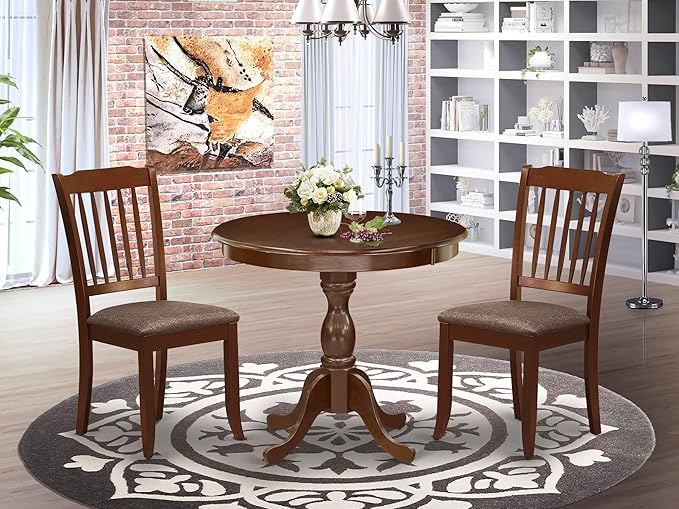 East West Furniture AMDA3-MAH-C 3 Piece Kitchen Table & Chairs Set Contains a Round Dining Room Table with Pedestal and 2 Linen Fabric Upholstered Chairs, 36x36 Inch, Mahogany