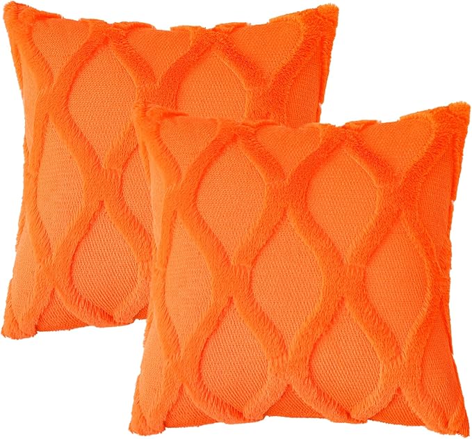 decorUhome Fall Throw Pillow Covers 16x16 Inch Set of 2, Soft Plush Faux Fur Wool Orange Couch Pillow Covers, Decorative Neutral Pillow Cases for Bed Sofa Living Room Home Decor