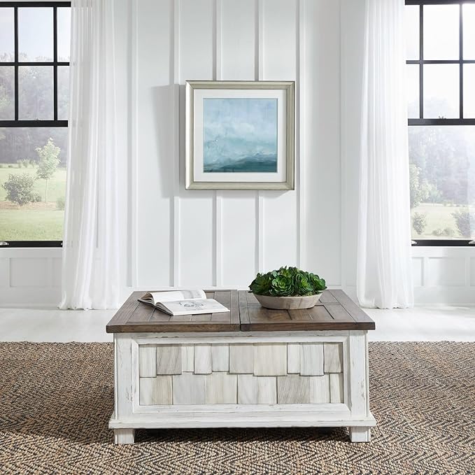 Liberty Furniture River Place Living Room Lift Top Storage Cocktail Table - Riverstone White & Tobacco