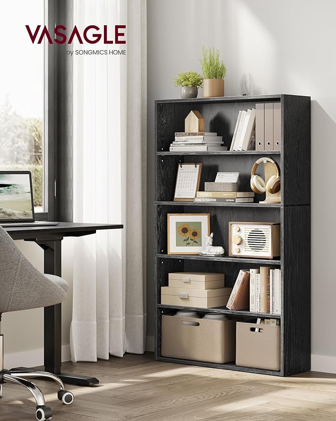 VASAGLE Custos Collection - Bookshelf, 5-Tier Bookcase, Book Shelf, Open Storage Shelf, 9.4 x 30 x 52.8 Inches, for Living Room, Home Office, Dinning Room, Ebony Black ULBC175T56
