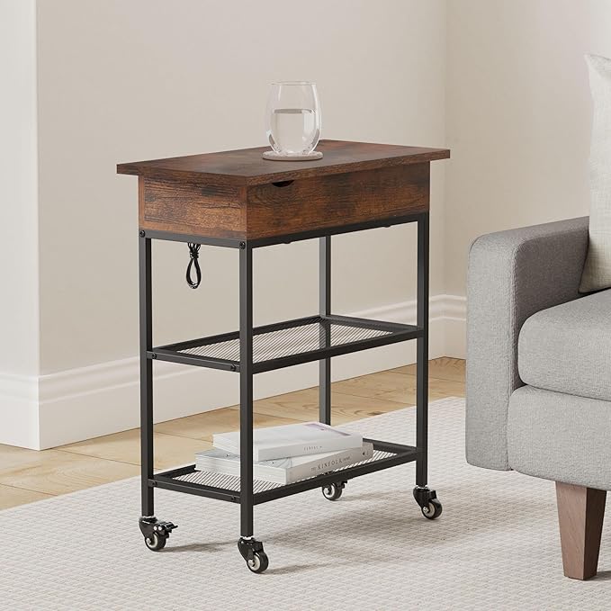 Hadulcet End Table with Charging Station, Couch End Tables Rotating Top Skinny Nightstand with Outlet for Living Room Bedroom Rustic Brown