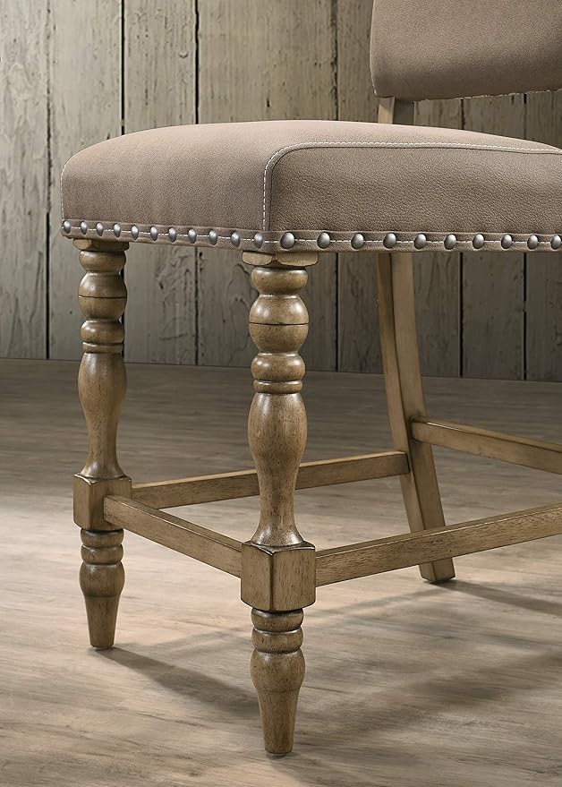 Roundhill Furniture Birmingham Script Printed Driftwood Finish Counter Height Dining Chair with Nail Head, Set of 2