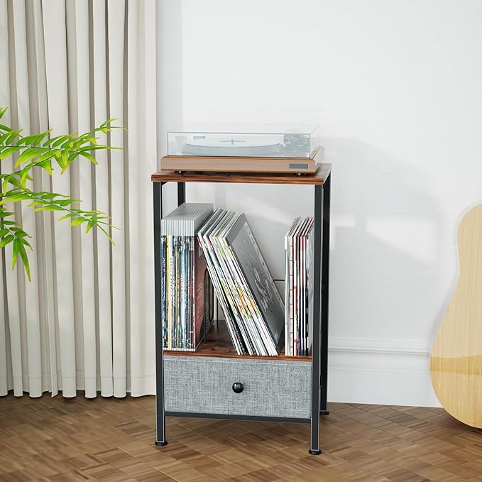 Record Player Stand with Vinyl Storage, 2-Tier Record Shelf Table with Fabric Drawer, Holds Up to 60 Vinyl Records, Record Player Table for Turntable and Albums, 15.75"D × 11.81" W× 25.59"H