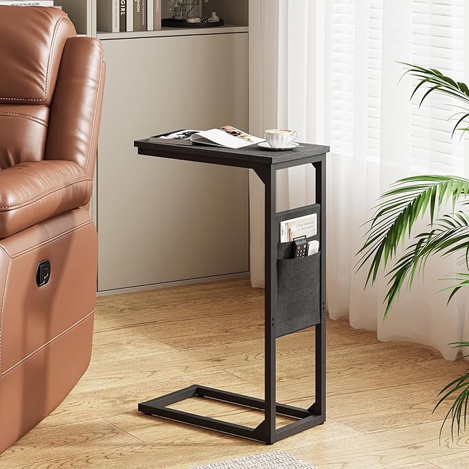 TUTOTAK C Shaped End Table, Side Table for Couch, Sofa Table with Storage Bag, TV Tray for Living Room, Bedroom, Black TB01BK0822