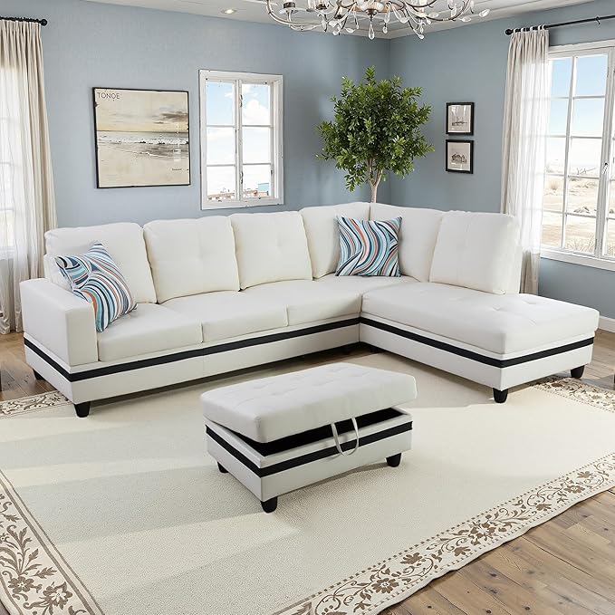 NicBex Sectional Couch 3 Pieces Sofa Set with Left Chaise PU Synthetic Leather L Shaped Cloud Couch for Living Room Furniture Sets with Storage Ottoman, Modular Sofa for Apartment, White+Black