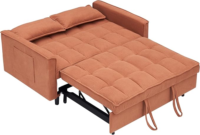 Ball & Cast Convertible Sofa Bed,Loveseat Sleeper Sofa W/Pull-Out Bed,Convertible Pull Out Couch W/2 Pillows,Adjustable Backrest&Side Pocket,Corduroy Futon Couches for Living Room,Apartment,Orange,54"