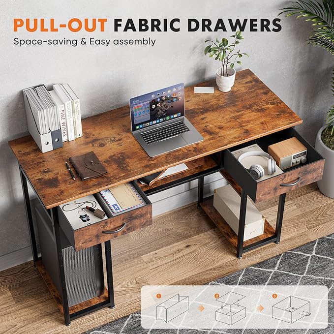Whitmor Computer Desk - 48 Inch Home Office Study Writing Table with 2 Fabric Drawers, Storage Shelves, Side Bag, Headphone Hook, Brown