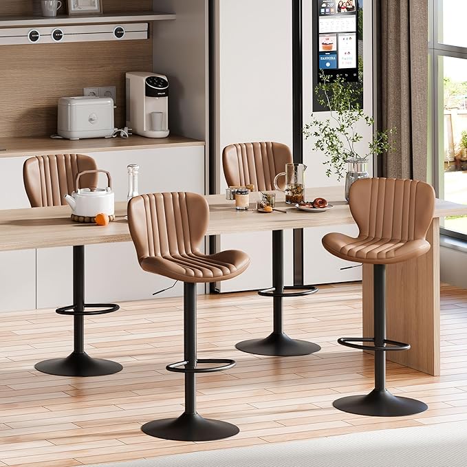 Shintenchi Bar Stools Set of 4 Modern Swivel Bar Chairs, Counter Height Faux Leather Metal Barstools, Upholstered Island Chairs with Back and Footrest, Coffee